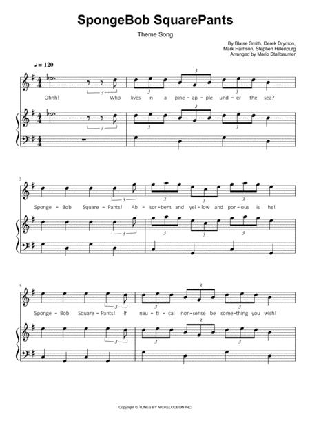 Free Sheet Music Spongebob Squarepants Theme Song Easy Piano