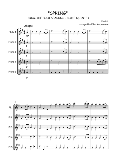 Spring By Vivaldi From The Four Seasons Flute Quintet Score All Parts Sheet Music