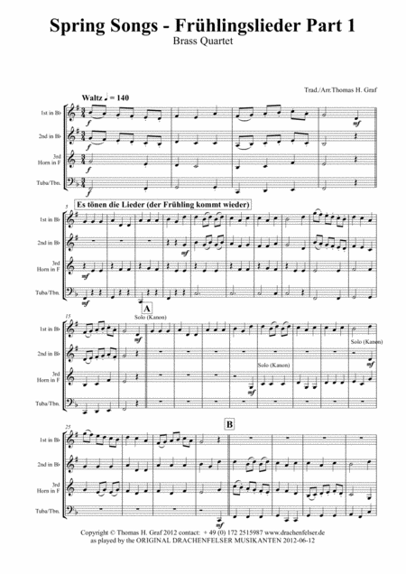 Spring Songs Frhlingslieder Part 1 German Folk Songs Brass Quartet Sheet Music