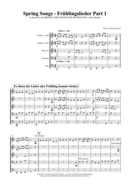 Spring Songs Frhlingslieder Part 1 German Folk Songs Brass Quintet Sheet Music