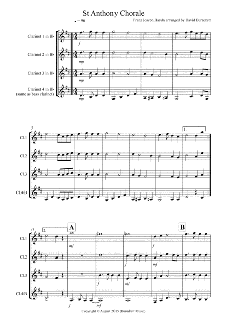 Free Sheet Music St Anthony Chorale For Clarinet Quartet