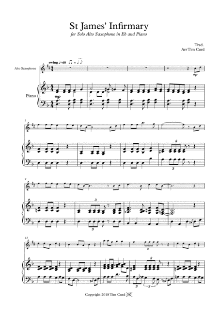 Free Sheet Music St James Infirmary For Solo Alto Sax And Piano