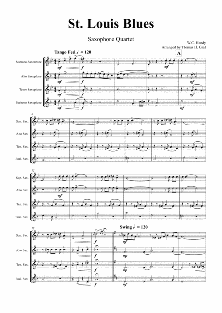 Free Sheet Music St Louis Blues Saxophone Quartet