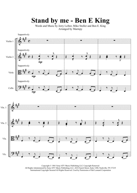 Stand By Me Ben E King Arranged For String Quartet Sheet Music