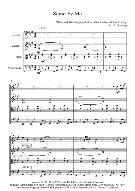 Stand By Me Ben E King For String Quartet Sheet Music