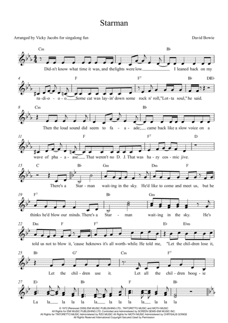 Free Sheet Music Starman Leadsheet For Singalongs