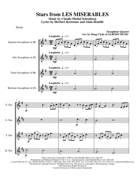 Stars From Les Miserables For Saxophone Quartet Sheet Music