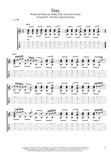 Free Sheet Music Stay Fingerstyle Guitar Solo