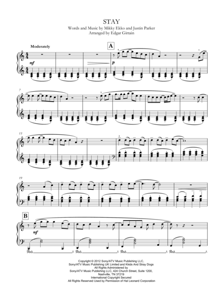 Free Sheet Music Stay Rihanna Ft Mikky Ekko Arr Easy Piano