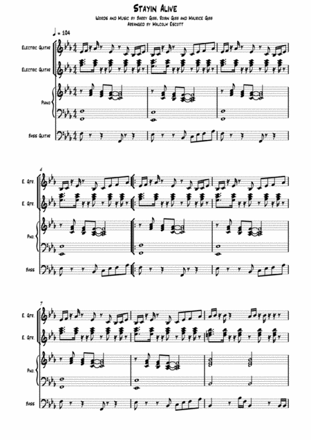 Free Sheet Music Stayin Alive From The Motion Picture Saturday Night Fever For Rock Ensemble