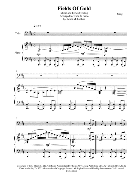 Free Sheet Music Sting Fields Of Gold For Tuba Piano