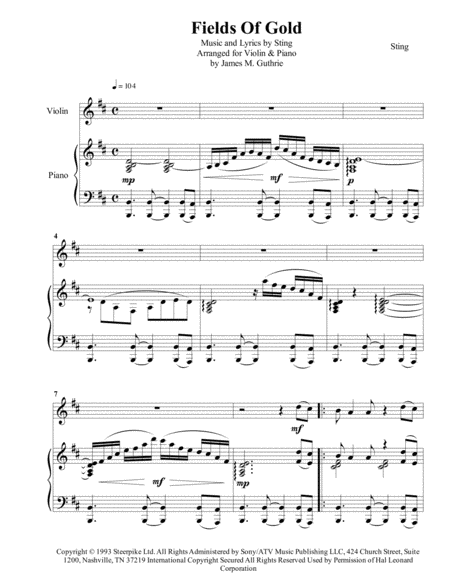 Free Sheet Music Sting Fields Of Gold For Violin Piano