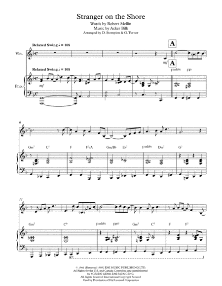 Free Sheet Music Stranger On The Shore For Violin Solo With Piano Accompaniment