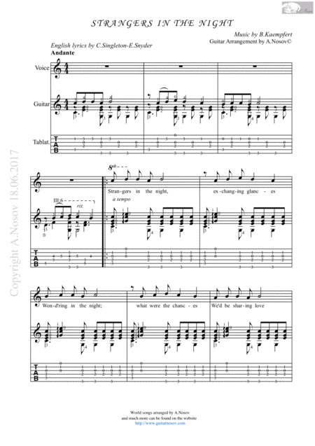 Strangers In The Night Sheet Music For Vocals And Guitar Sheet Music