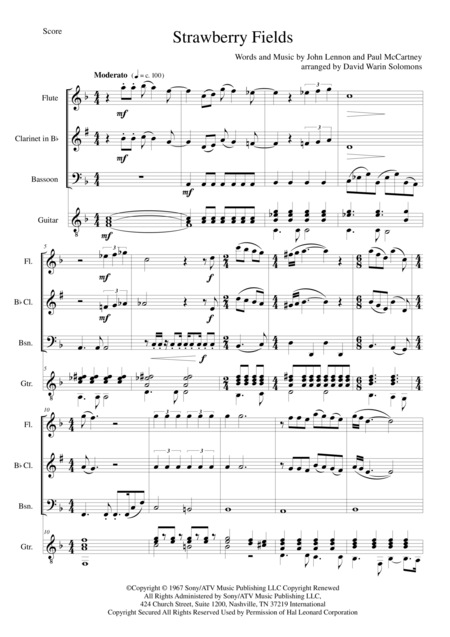 Strawberry Fields For Flute Clarinet Bassoon And Guitar Sheet Music