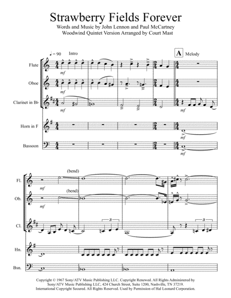 Strawberry Fields Forever For Woodwind Quintet Sheet Music