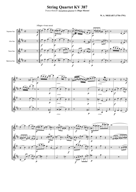 String Quartet Kv 387 Spring For Saxophone Quartet Satb Sheet Music