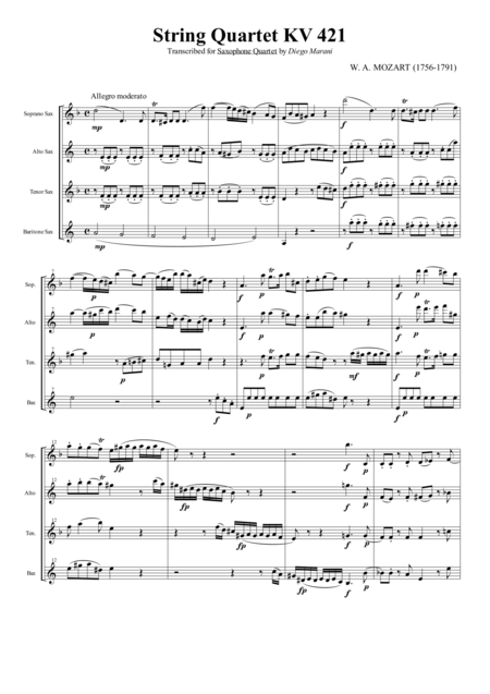 String Quartet Kv 421 For Saxophone Quartet Satb Sheet Music