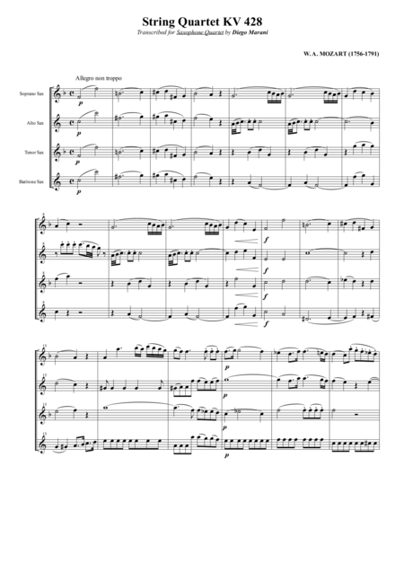 String Quartet Kv 428 For Saxophone Quartet Sheet Music