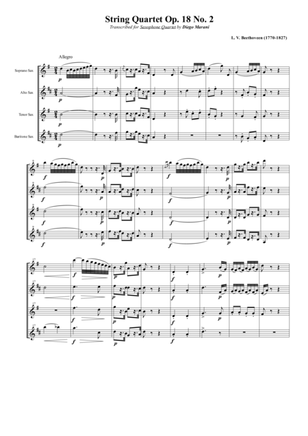 String Quartet Op 18 No 2 For Saxophone Quartet Satb Sheet Music