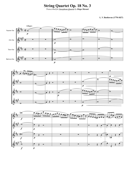 String Quartet Op 18 No 3 For Saxophone Quartet Satb Sheet Music