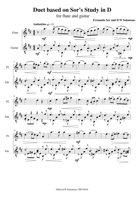 Free Sheet Music Study In D For Guitar With Added Tune For Flute