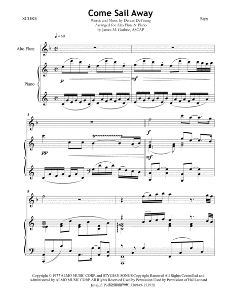 Free Sheet Music Styx Come Sail Away For Alto Flute Piano