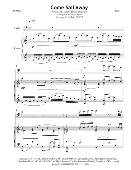 Styx Come Sail Away For Cello Piano Sheet Music