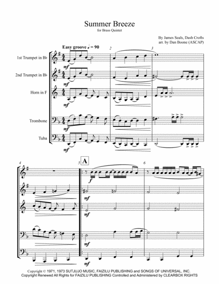 Summer Breeze For Brass Quintet Sheet Music