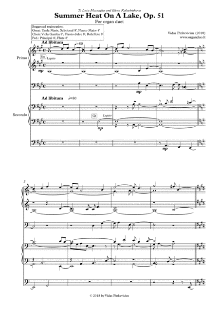 Summer Heat On A Lake Op 51 2018 For Organ Duet Sheet Music