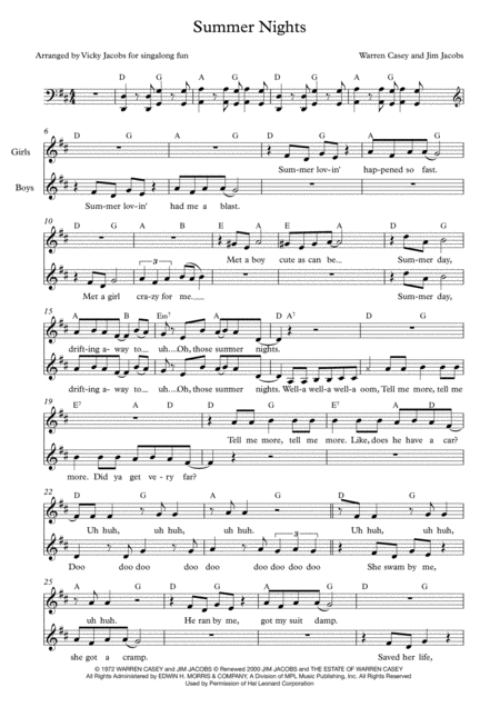 Summer Nights Leadsheet For Singalong Fun Sheet Music