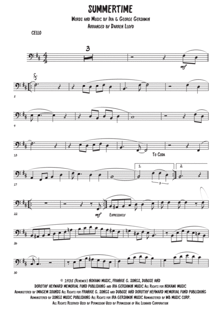 Summertime Cello Piano Sheet Music