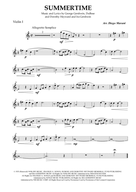 Summertime For String Quartet Sheet Music