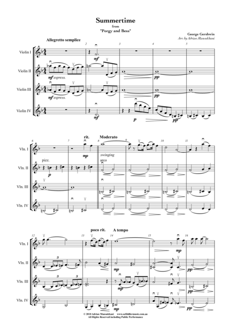 Summertime From Porgy And Bess By George Gershwin Arranged For 4 Violins By Adrian Mansukhani Sheet Music