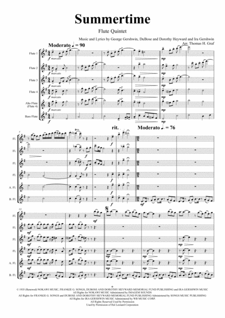 Summertime Gershwin 11 8 Flute Quintet Sheet Music