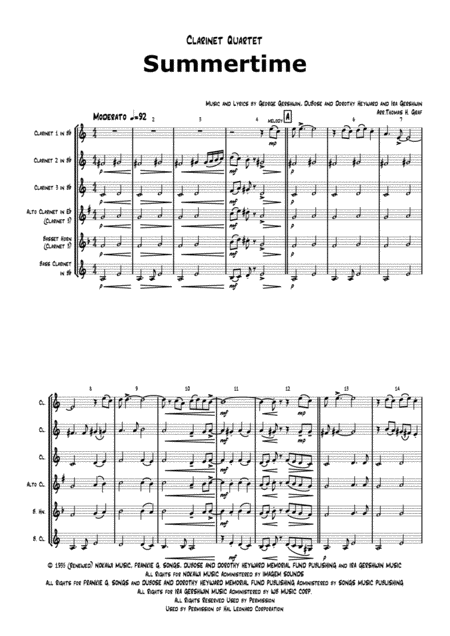 Summertime Gershwin Ballad Clarinet Quartet Sheet Music