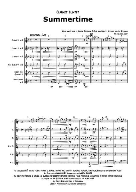 Summertime Gershwin Ballad Clarinet Quintet Sheet Music