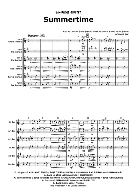 Summertime Gershwin Ballad Saxophone Quartet Sheet Music