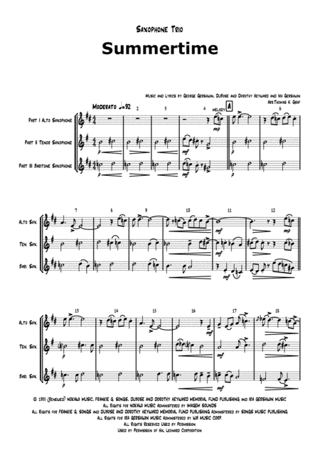 Free Sheet Music Summertime Gershwin Ballad Saxophone Trio Low