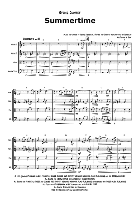 Summertime Gershwin Ballad String Quartet Sheet Music