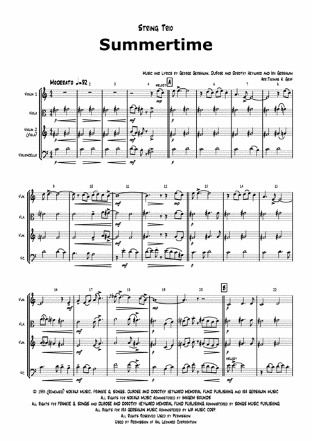 Free Sheet Music Summertime Gershwin Ballad String Trio