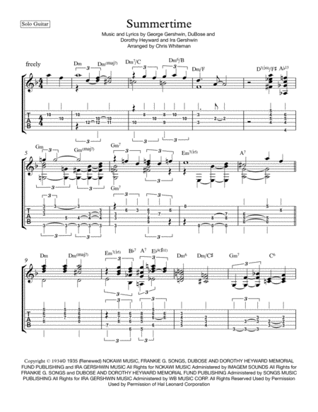 Free Sheet Music Summertime Jazz Guitar Chord Melody