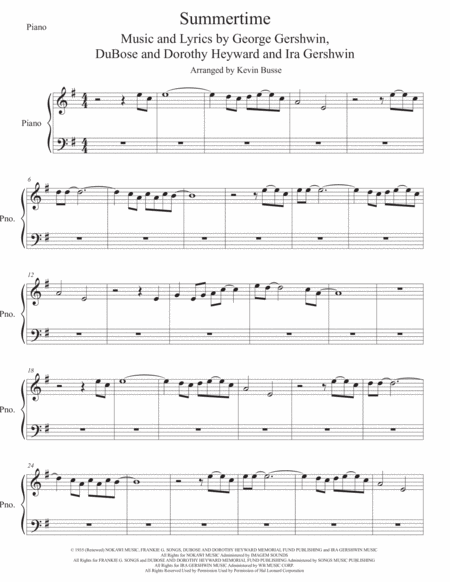 Summertime Original Key Piano Sheet Music