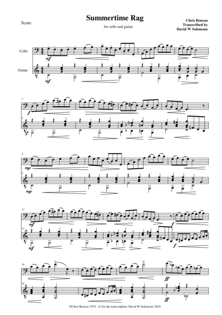 Summertime Rag For Cello And Guitar Sheet Music