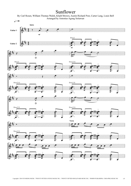 Sunflower Duet Guitar Score Sheet Music