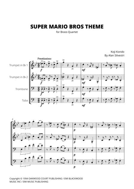 Super Mario Bros Theme Brass Quartet Sheet Music