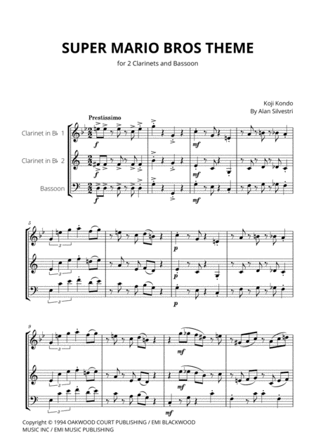 Super Mario Bros Theme For 2 Clarinets And Bassoon Sheet Music