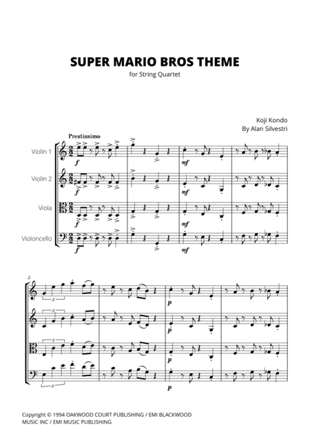 Super Mario Bros Theme For String Quartet Sheet Music