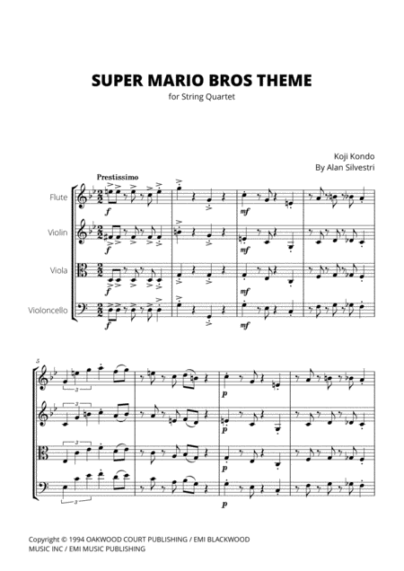 Super Mario Bros Theme For Violin Flute Viola And Violoncello Sheet Music