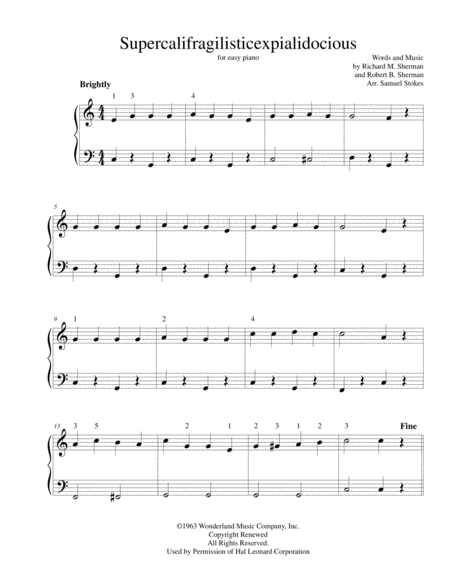 Supercalifragilisticexpialidocious From Walt Disneys Mary Poppins For Easy Piano Sheet Music